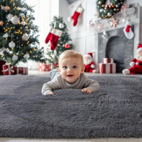 Solid Grey Fluffy Shag Rug, Washable Non Slip Soft Kids Area Carpet - Image 2