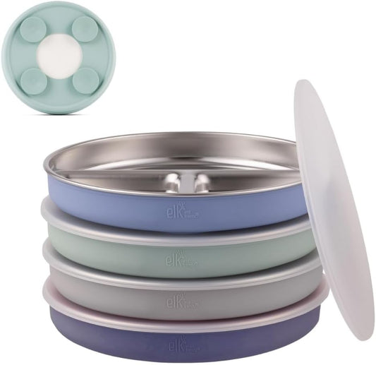 Elk and Friends Stainless Steel Divided Plates with Silicone Sleeve for Babies & Toddlers | Lids Included | Stay Put Suction | Dinner & Snack Plates | 4 Pack
