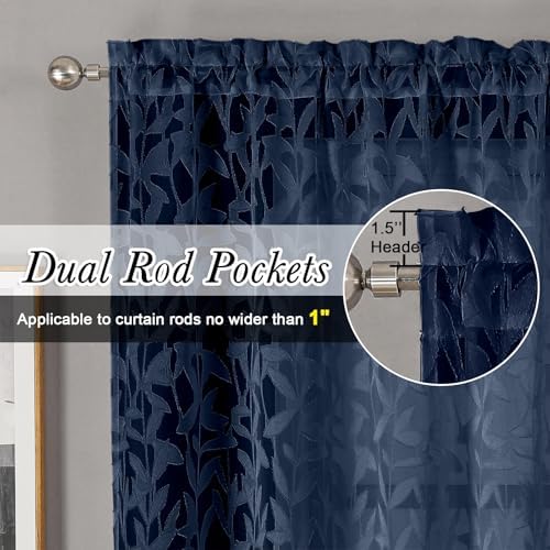 Lecloud Leia Navy Blue Sheer Kitchen Curtains 30 Inch Length 2 Pcs, Leaf - Image 5