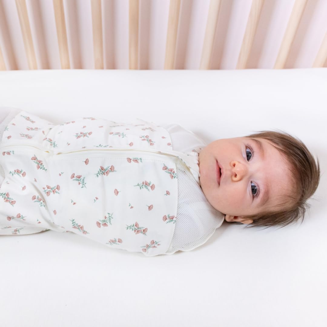 Happiest Baby Sleepea 5-Second Swaddle - 100% Organic Cotton Baby Swaddle Blanket - Doctor Designed Promotes Healthy Hip Development (Ivory Wildflowers, Medium)