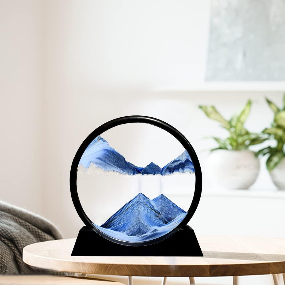 Aoderun Moving Sand Art Picture Round Glass 3D Deep Sea Sandscape in Motion Display Flowing Sand Frame Relaxing Desktop Home Office Work Decor (7", New blue)