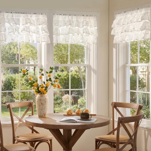 jinchan Ruffled Kitchen Valance Pom-Pom Sheer 1 Panel 18 Inch White - Image 4