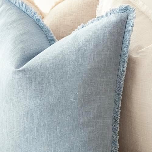 Foindtower Decorative Linen Fringe Throw Pillow Covers 22×22 Inch, Sky Blue - Image 4