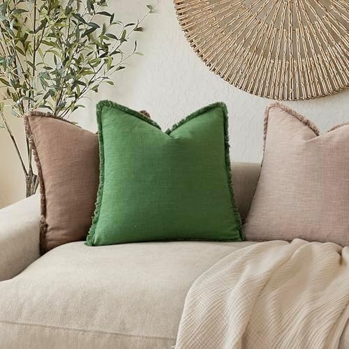 Foindtower Decorative Linen Fringe Throw Pillow Covers 22×22 Forest Green - Image 5