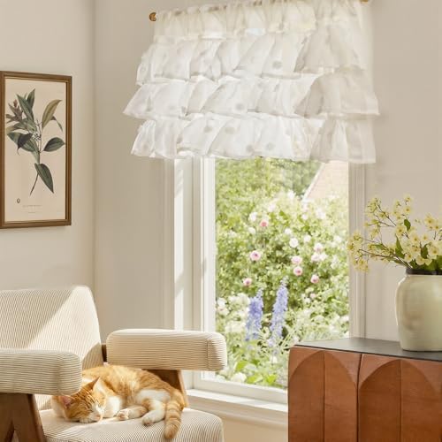 jinchan Ruffled Kitchen Valance Pom-Pom Sheer 1 Panel 18 Inch White - Image 3