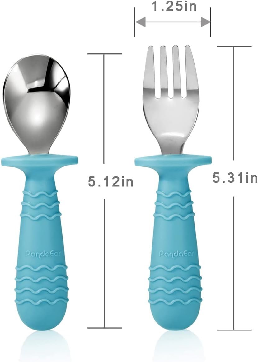 PandaEar 4 Set Baby Toddler Silicone Stainless Steel Utensils Silverware Spoon Fork for Baby Toddler BPA Free with Silicone Holding Anti-Choke Design (Blue&Grey)