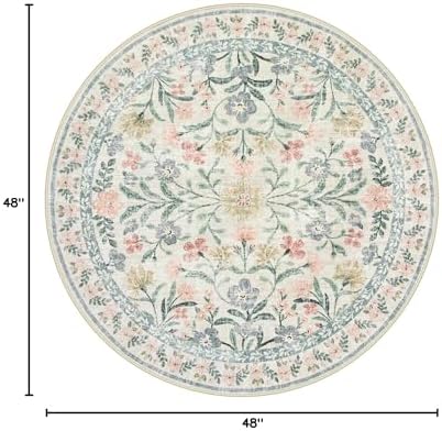 Lahome Sylvie Round Boho Floral Rugs 4ft, Cream Washable Circle Rugs - Image 2