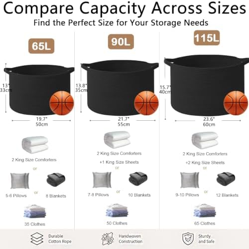 90L Extra Large Blanket Basket, Woven Rope Laundry Basket-Black - Image 2