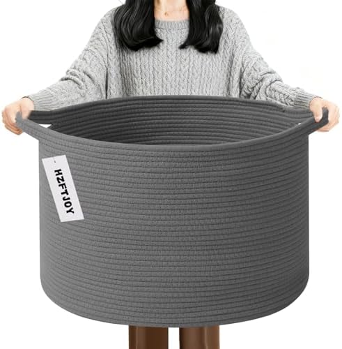 65L Large Blanket Basket, Woven Rope Laundry Basket-Dark Grey by HZFTJOY