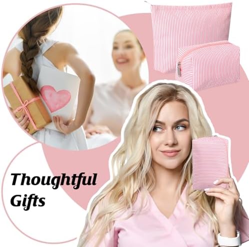 Huhumy 2 Pcs Makeup Bag Set for Women, Rose Pink, Thin Stripe - Image 6