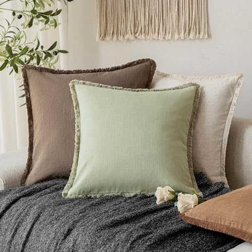 Foindtower Decorative Linen Fringe Throw Pillow Covers 16×16 Light Green - Image 5