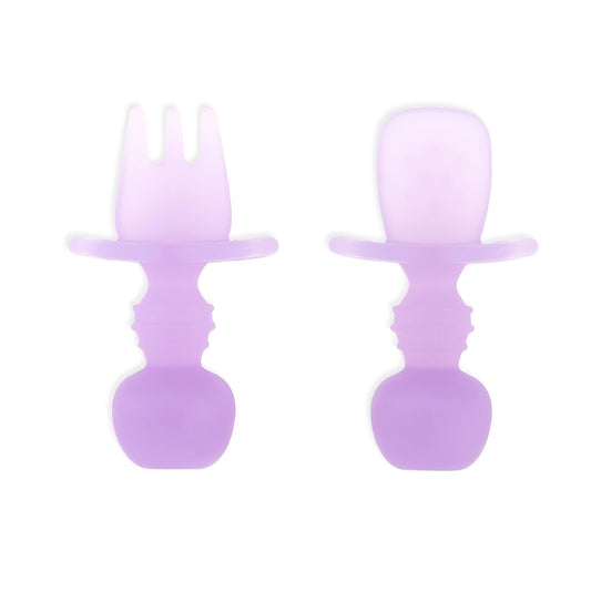 Bumkins Baby Utensils Set, Chewtensils Silicone Spoons for Dipping, Self-Feeding, Baby Led Weaning, Trainer Learning, First Stage Eating, Soft Practice Fork and Spoon, Babies 6 Months, Purple Jelly