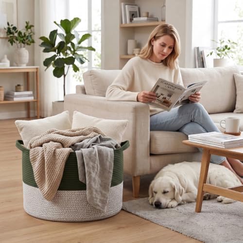 65L Large Blanket Basket, Woven Rope Laundry Basket-Green&White - Image 4