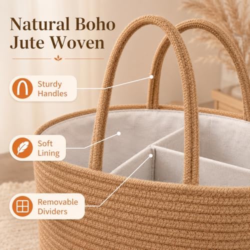 ABenkle Baby Diaper Caddy Organizer, Boho Jute Rope Nursery Storage Bin - Image 4