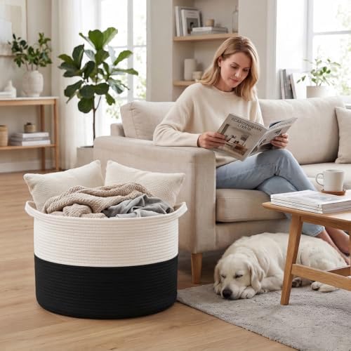 115L Extra Large Blanket Basket, Woven Laundry Basket-White&Black - Image 4
