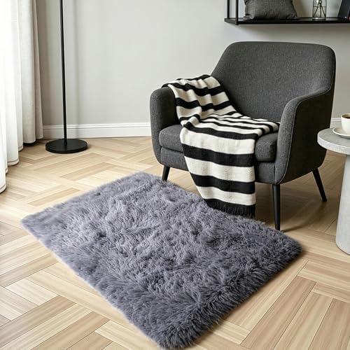 Solid Grey Fluffy Shag Rug, Washable Non Slip Soft Kids Area Carpet - Image 6