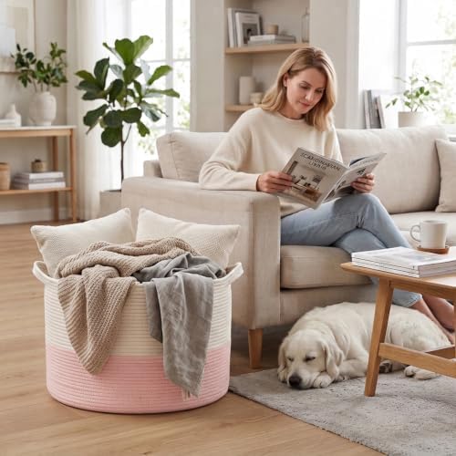 115L Extra Large Pink Woven Cotton Rope Basket - Image 4