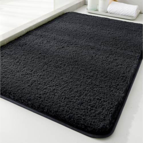 Polyester Bathroom Rug 20"x32" Black, Non-Slip Soft Shaggy Bath Mat by Kildoss