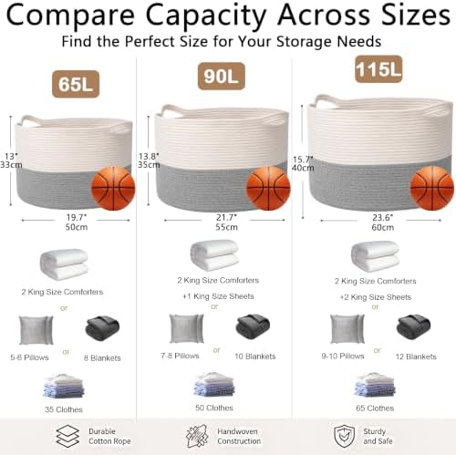 115L Extra Large Blanket Basket, Woven Laundry Basket-White&Grey - Image 2