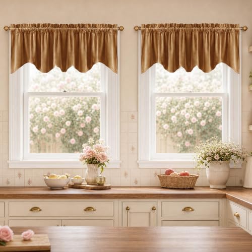 StangH Fall Decor Gold Brown Velvet Window Valance, 52x18 Inch, 4-Panel Set by StangH