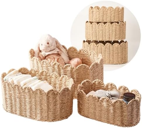 Scalloped Basket Set of 3, Wicker Storage Baskets by Floramill