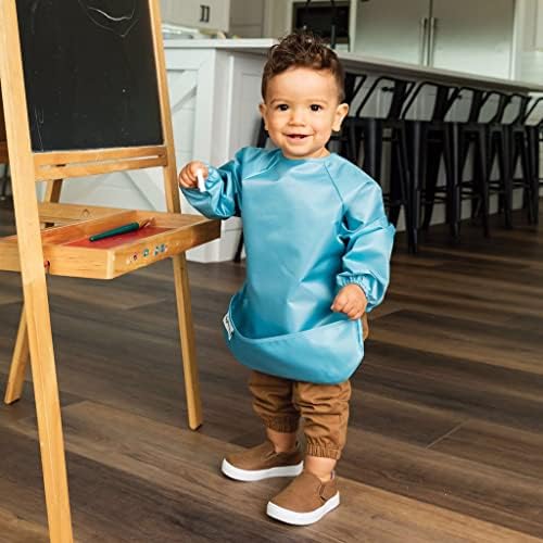Tiny Twinkle Mess Proof Baby Bibs, 2pk Waterproof Smock Baby Bibs for Eating, Machine Washable Long Sleeve Bibs, Baby Led Weaning, Toddler Bibs, BLW Supplies(Slate Olive, Large 2-4 Years)