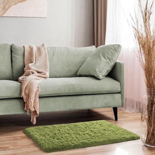 Ophanie Small Rug Washable Non Slip Throw Bedside Area Rugs, Fluffy Soft Green - Image 3