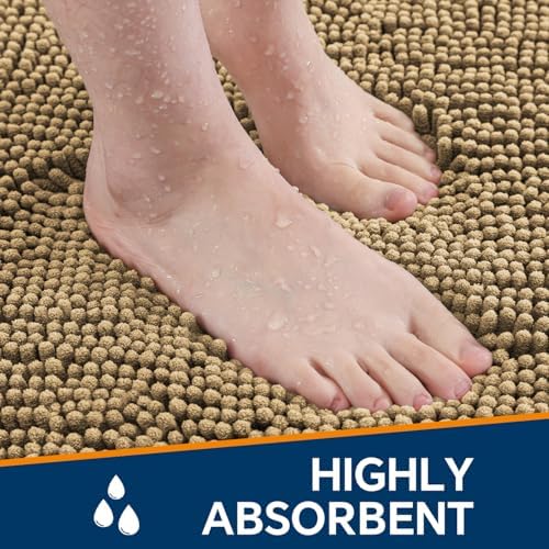 Chenille Bathroom Rug 26"x44" Beige, Non-Slip Plush Bath Mat - Image 4