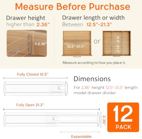 12 Pack 2.36" High Shallow Drawer Dividers, 12.5"-21.3" Expandable - Image 2