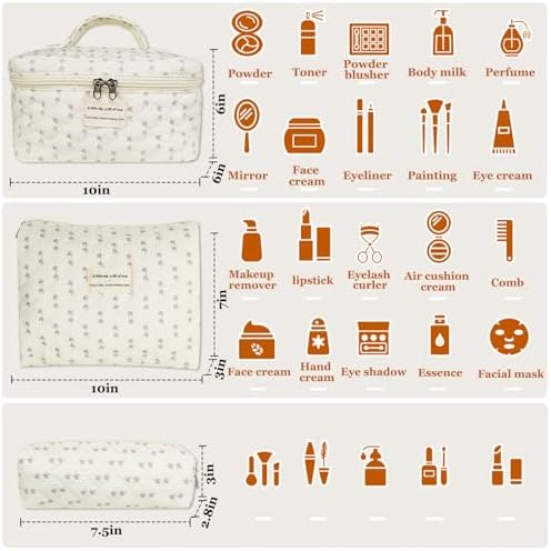 Gosect Quilted Makeup Bag, Large Floral Cosmetic Bag - Image 3