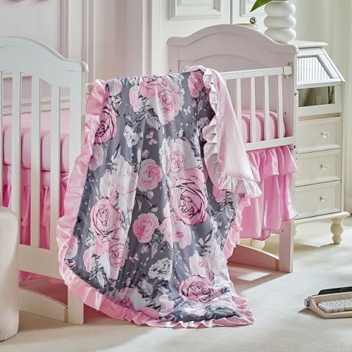 3 Pieces Flowers Mini Crib Bedding Set Baby Ruffled Quilted Comforter - Image 3
