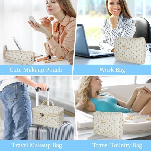 Gosect Quilted Makeup Bag, Large Floral Cosmetic Bag - Image 6