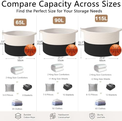 115L Extra Large Blanket Basket, Woven Laundry Basket-White&Black - Image 2