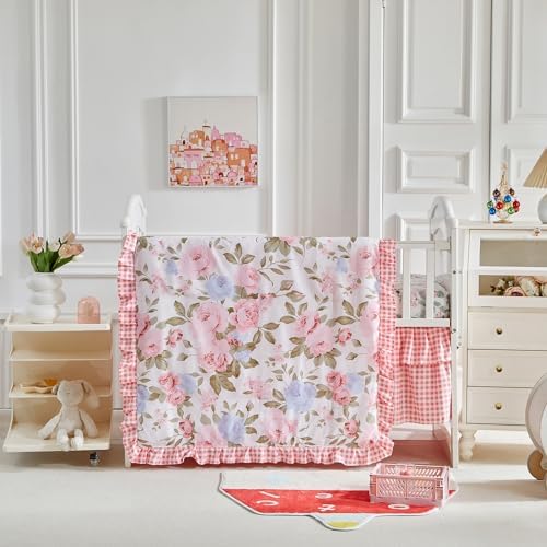 3 Pieces Flowers Crib Bedding Set Baby Ruffled Quilted Comforter by Uozzi+Bedding