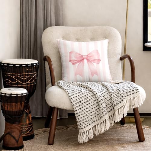 Coquette Pink Bow Striped Pillow Cover 18x18, Girly Ribbon Bow Decorative Throw - Image 4