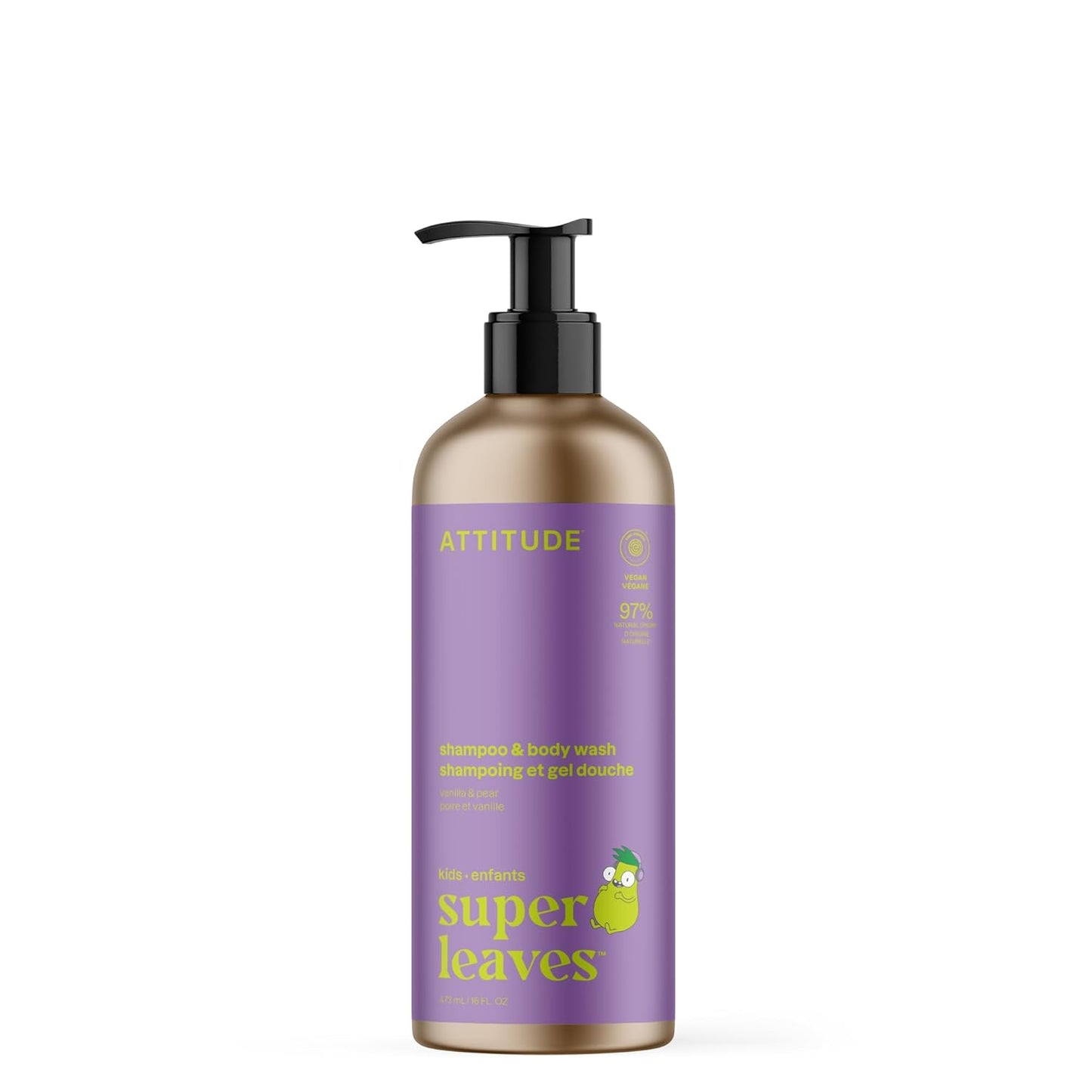 ATTITUDE Shampoo and Body Wash for Kids, EWG Verified Hair and Body Cleanser, Dermatologically Tested Soap, Plant and Mineral Based Bath Products, Vegan, Refillable Bottle, Vanilla and Pear, 16 Fl Oz