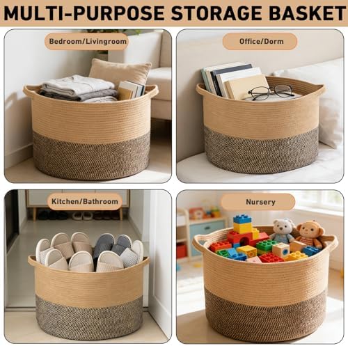 90L Extra Large Blanket Basket, Woven Rope Laundry Basket-Jute&Black - Image 6
