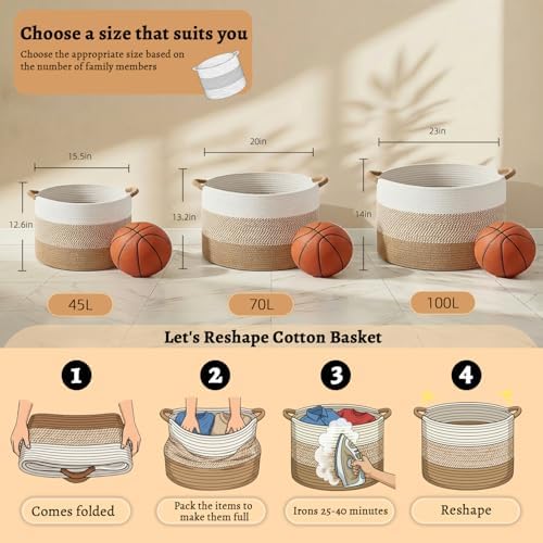 Artfeel 70L Large Cotton Rope Basket, Decorative Woven Blanket Storage - Image 7