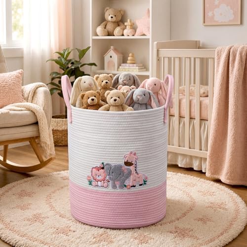 LemonRoad Pink Animals Laundry Hamper Large Cotton Rope Storage Basket - Image 4