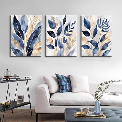 Blue Botanical Wall Art Abstract Leaf Canvas Prints Decor Modern Plant Wall Art - Image 5