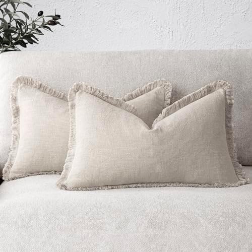 Foindtower Boho Linen Fringe Lumbar Throw Pillow Covers 12×20 Natural Beige by Foindtower