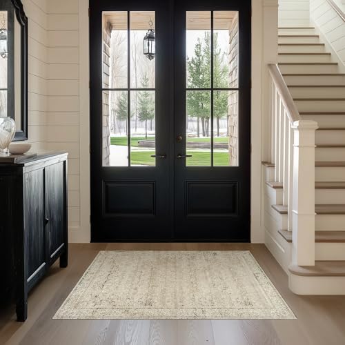 BILEEHOME Boho Kitchen Rug Washable Low Pile Small 2x3 Rugs Tan and Cream - Image 2
