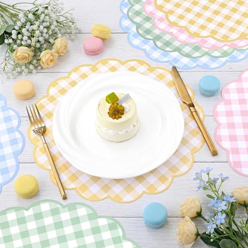 60Pcs Pastel Gingham Paper Placemats, 13.5 Inch Scalloped Checkered Placemat - Image 4