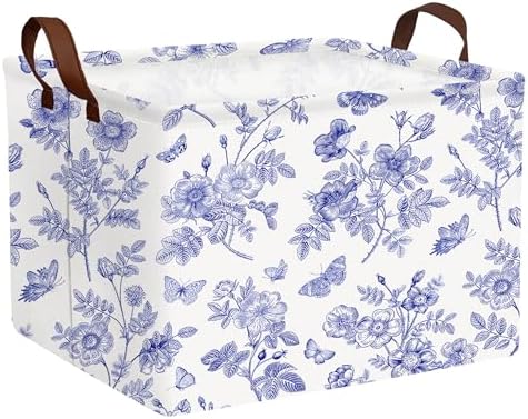 Large Blue Chinoiserie Willow Butterfly Decor Basket Collapsible Storage Bin by BOOHIT