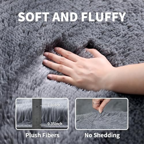 Solid Grey Fluffy Shag Rug, Washable Non Slip Soft Kids Area Carpet - Image 3