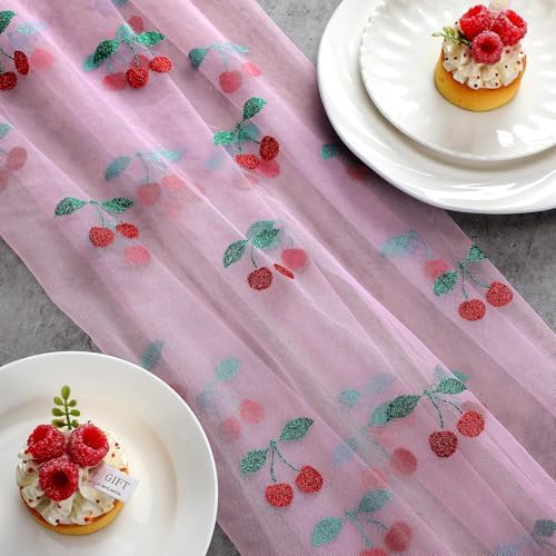 4 Pcs Cherry Table Runner 29x70 Inch Pink Glitter Tulle Summer - Image 6