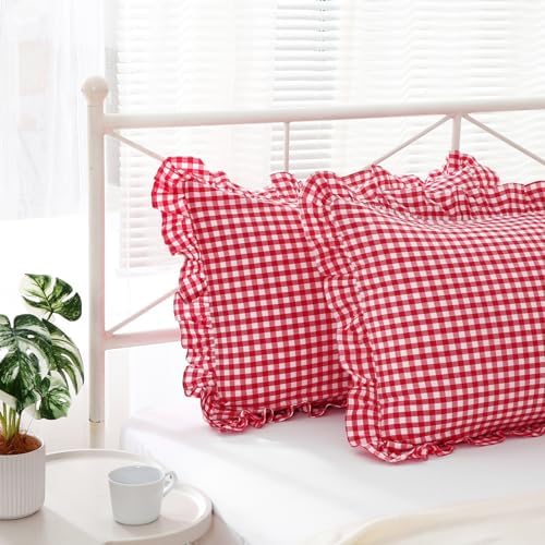 2 Pack Red White Gingham Ruffle Standard Pillow Shams 20"x26" - Image 2