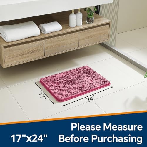 Chenille Bathroom Rug 17"x24" Hot Pink, Non-Slip Plush Bath Mat - Image 2
