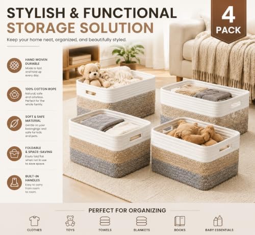 4 sets of hand-woven cotton rope storage boxes, suitable - Image 3