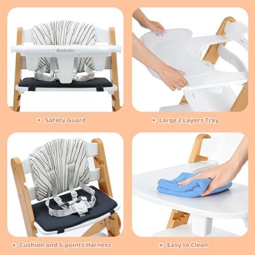 Ezebaby Foldable Wooden High Chair, No-Tools Adjustable Baby High Chair - Image 4